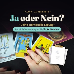 Può includere: Un annuncio per un servizio di lettura dei tarocchi con il testo "Tarot Ja oder Nein", "Deine individuelle Legung" e "Persönliche Deutung als PDF in 24 Stunden". Tre carte dei tarocchi sono mostrate accanto a un documento etichettato "BEISPIEL".