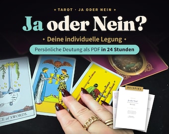 May include: A tarot reading service advertisement featuring the text "Tarot Ja oder Nein", "Deine individuelle Legung", and "Persönliche Deutung als PDF in 24 Stunden". Three tarot cards are displayed alongside a document labeled "BEISPIEL".