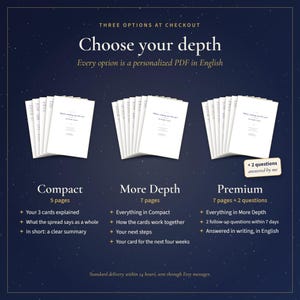 May include: A dark blue graphic displaying three tiers of personalized PDF reading options titled Choose your depth. Each tier shows a stack of white pages with text, labeled Compact with 5 pages, More Depth with 7 pages, and Premium with 7 pages plus 2 questions.