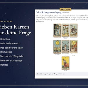 May include: A digital tarot reading layout on a dark blue background with white text. The left side lists seven numbered positions. The right side displays seven tarot cards arranged in rows, with the text 'BEISPIEL' and 'Deine Seelenpartner-Legung'.