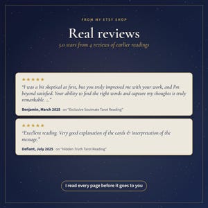 Puede incluir: Un gr&aacute;fico azul oscuro con testimonios de clientes para una tienda de Etsy. El texto dice: FROM MY ETSY SHOP, Real reviews, 5.0 stars from 4 reviews of earlier readings. Dos cuadros de rese&ntilde;as contienen valoraciones de cinco estrellas.