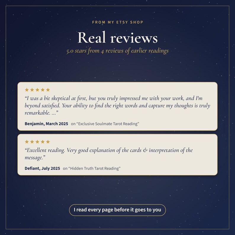Puede incluir: Un gr&aacute;fico azul oscuro con testimonios de clientes para una tienda de Etsy. El texto dice: FROM MY ETSY SHOP, Real reviews, 5.0 stars from 4 reviews of earlier readings. Dos cuadros de rese&ntilde;as contienen valoraciones de cinco estrellas.