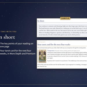 May include: A dark blue digital document with white text titled In short, featuring a sample section and a tarot card reading for the next four weeks. The text includes details about a Temperance card, balance, healing, and patience for the reader.