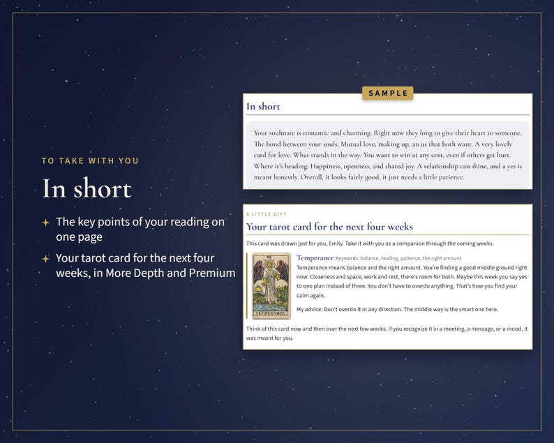 May include: A dark blue digital document with white text titled In short, featuring a sample section and a tarot card reading for the next four weeks. The text includes details about a Temperance card, balance, healing, and patience for the reader.