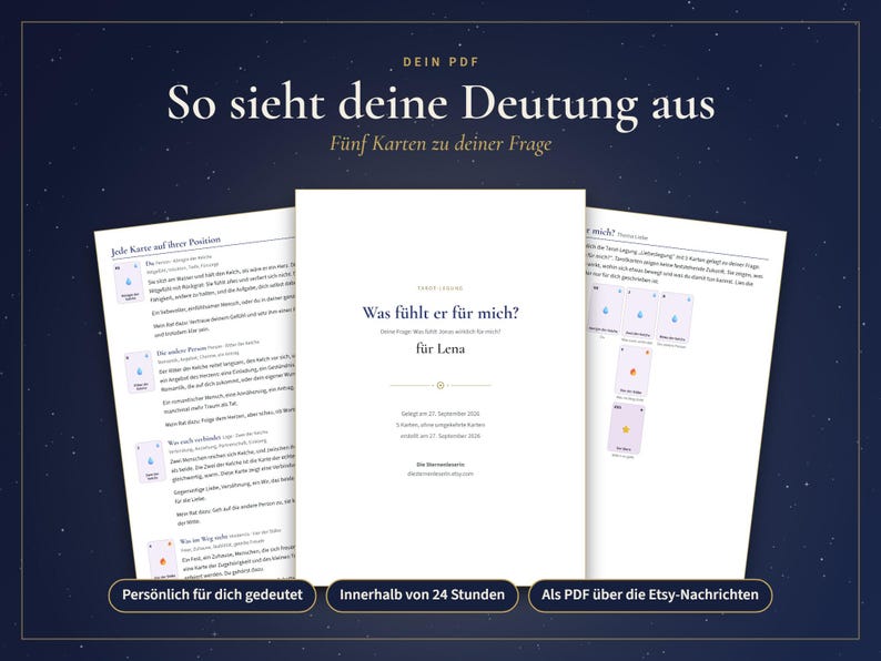 K&ouml;nnte beinhalten: Ein digitales Dokument mit dem Titel "So sieht deine Deutung aus", das eine mittlere Seite mit dem Text "Was f&uuml;hlt er f&uuml;r mich? f&uuml;r Lena" und zwei seitliche Seiten mit Tarotkarten-Deutungen vor einem dunkelblauen Sternenhimmel zeigt.