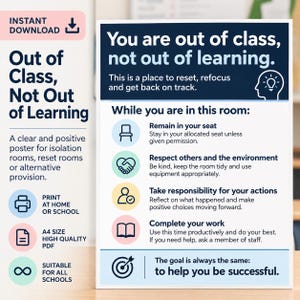May include: A classroom poster with a dark blue header reading You are out of class, not out of learning. It lists four rules: remain in your seat, respect others, take responsibility, and complete your work, ending with the goal to help you be successful.