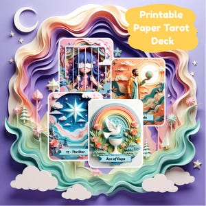 May include: A colorful illustration of a printable paper tarot deck. The image features several tarot cards with various designs, including a star, a dove, and a person holding a globe. The text "Printable Paper Tarot Deck" is displayed in a yellow bubble.