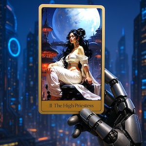 Peut inclure: Une carte de tarot représentant "La Grande Prêtresse". La carte montre une femme vêtue de blanc assise devant un paysage urbain futuriste et une grande lune. La carte est tenue par une main robotique métallique.