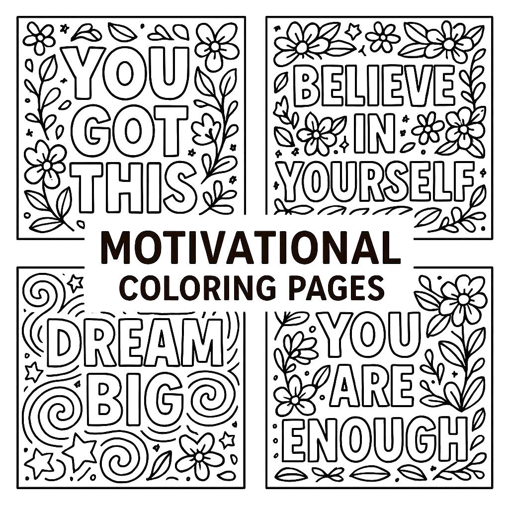 Hojas de colorear motivacionales imprimibles para adultos y niños – Set de frases positivas en PDF | Descarga digital instantánea