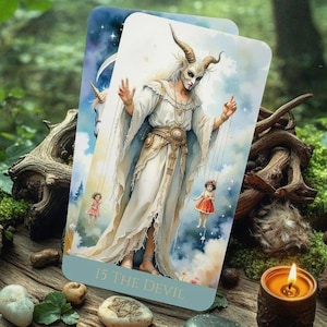 Puede incluir: Dos cartas de tarot con ilustraciones de una figura con cuernos y máscara, vestida con túnicas blancas, controlando dos pequeñas muñecas. La carta inferior dice "15 THE DEVIL". El fondo muestra un cielo nublado y un bosque.