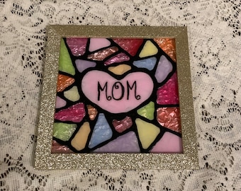 Hand Painted Stained Glass Look “Mom” Gold Glitter Sign Mother’s Day Gift