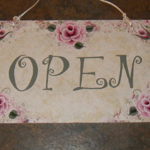 Cottage Shabby Victorian Chic Hand Painted Pink Rose Open Closed Business Sign New image 3