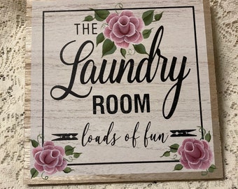 Laundry Room Shabby Cottage Chic Wooden Sign With Hand Painted Victorian Pink Roses.