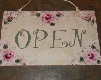 Cottage Shabby Victorian Chic Hand Painted Pink Rose Open Closed Business Sign New