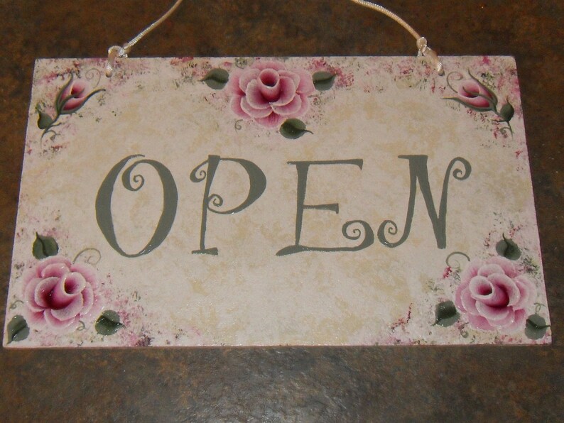 Cottage Shabby Victorian Chic Hand Painted Pink Rose Open Closed Business Sign New image 1