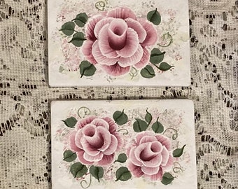 Set of 2 Ceramic Tile Magnets with Hand Painted Victorian Pink Roses.