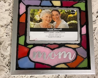 Hand Painted Stained Glass Look “Mom” Gold Silver MOM Picture frame  Mother’s Day Birthday Gift