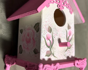 Hand Painted Pale Pink Victorian Rose Ornate Wooden Birdhouse Shabby Cottage Chic New
