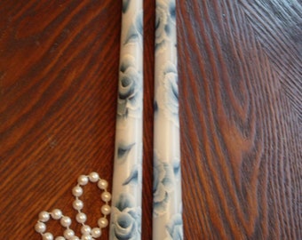 Cottage Chic Blue and White Hand Painted Rose Set Of Tapered Candles