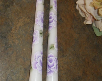 Cottage Chic Hand Painted Lavender Rose Tapered Candles