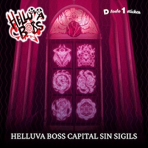 May include: A digitally created image featuring a stylized window with six illuminated sigils. The window is framed by a dark red curtain. The text "Helluva Boss Capital Sin Sigils" is at the bottom, with the "Helluva Boss" logo in the upper left corner.