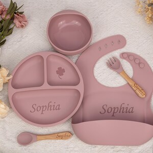刻印入りシリコン製離乳食セット、カスタム幼児用フィーディングプレート＆ビブ、ユニークなベビーシャワーギフト、パーソナライズされたベビーエッセンシャルベビーシャワーギフト