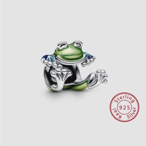 May include: A sterling silver frog charm with green and blue enamel detailing. The frog is depicted in a seated pose with outstretched arms. The charm has a polished finish and is stamped with "925" and "Sterling".