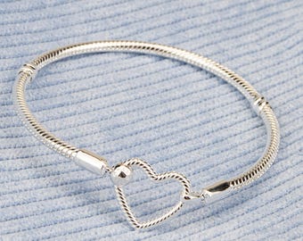 S925 Sterling Silver Heart Snake Chain Bracelet - Pandora Style