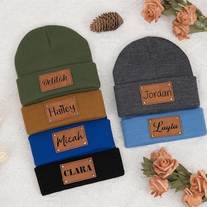Custom Baby Beanie, Personalized Toddler Winter Hat, Kids Youth Child Infant Newborn Gift, Name Hat Engraved Leather Patch Beanie, Baby Gift