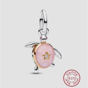 May include: A sterling silver turtle charm with a pink enamel shell and a gold star. The charm has silver flippers and a gold-coloured rim around the shell. A small, clear gem is set in the star.