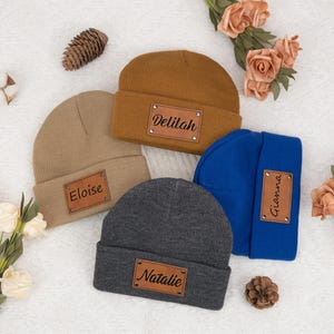 Personalized Beanies for Babies,Newborn Baby Beanies,Leather Patch Beanies for Baby,Infant Beanie with Name,Kid Knitted Hat,Baby Shower Gift
