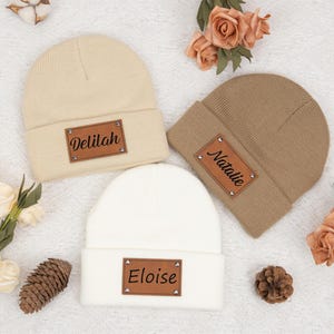 Custom Baby Beanie Hat,Personalized Baby Gift , Newborn Infant Toddler Kids Youth Child, Personalized Name Hat, Leather Name Patch Beanie