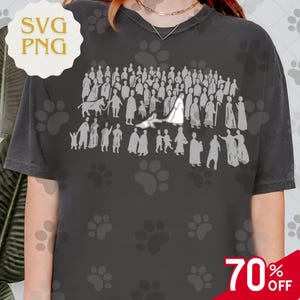 May include: Dark gray t-shirt featuring a white graphic of a crowd of people, some with animals, in a stylized illustration. The shirt has the text "SVG PNG" in a circular design and a "70% OFF" tag.