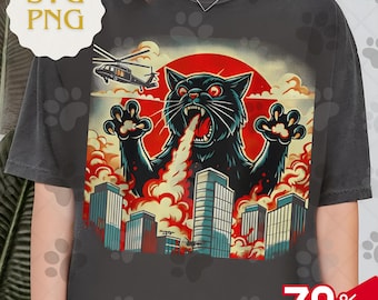 Catzilla PNG Svg For Circut, Retro Japanese Movie Poster Tee Design, Funny Cat Shirt, Cat Lover Gift Graphic, DTF File, Gift For Him