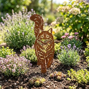 May include: A rusty brown metal cat garden stake. The cat is depicted walking forward with its tail up. The cat's fur and facial features are detailed with cut-out designs. The garden stake is placed in a garden bed with various plants and flowers.