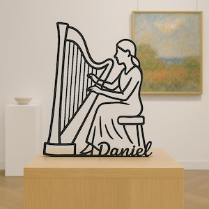Harp Player Figurine – Personalized 3D Printed Music Lover Gift with Custom Name – Minimalist Desk or Music Room Decor