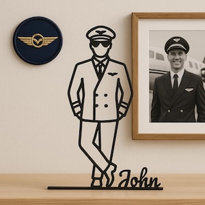 Custom Pilot Line Art Sculpture–Personalized 3D Printed PLA Aviator Decor with Name | Flight School Graduation or Retirement Gift for Pilots