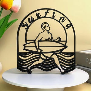 surfercadeaus | Naambord surfen | 3D-geprint surferbeeldje | Aangepaste lijntekeningen stranddecoratie | Minimalistisch oceaancadeau