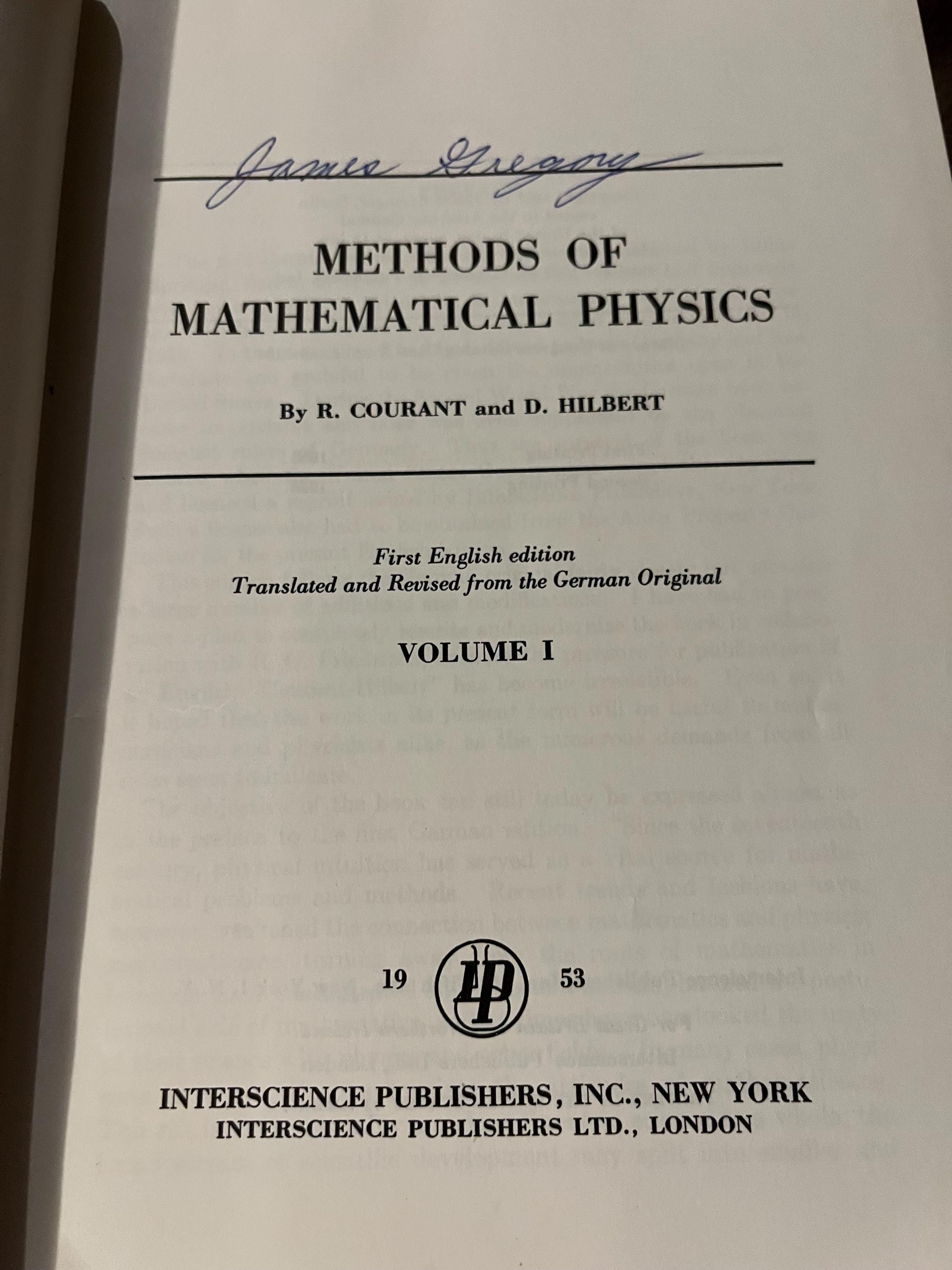 Methods of Mathematical Physics VOLUME 1 COURANT and HILBERT - Etsy
