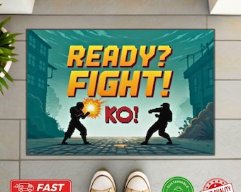 Pixel Fighter “KO!” Doormat – Retro Arcade Pixel Rug, Fighting Game Welcome Mat, Geeky Home Decor, Retro Gamer Doormat, Housewarming Gift