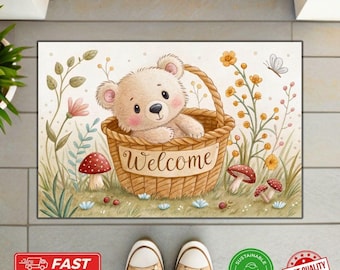 Cute Bear Welcome Doormat – Cute Bear Rug, Teddy Bear Entryway Mat, Cottagecore Home Decor Woodland Decor, Housewarming Gift