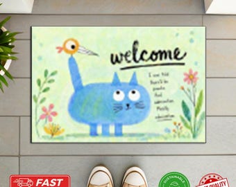 Zerbino di benvenuto con gatto blu - Zerbino stravagante con animale domestico, simpatico elemento decorativo per la casa, tappeto d'ingresso artistico