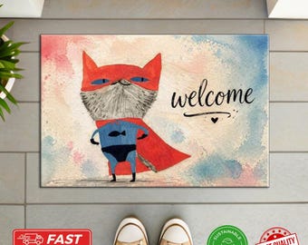 Superhero Cat Doormat - Whimsical Watercolor Welcome Mat, Funny Animal Gift, Cute Pet Decor