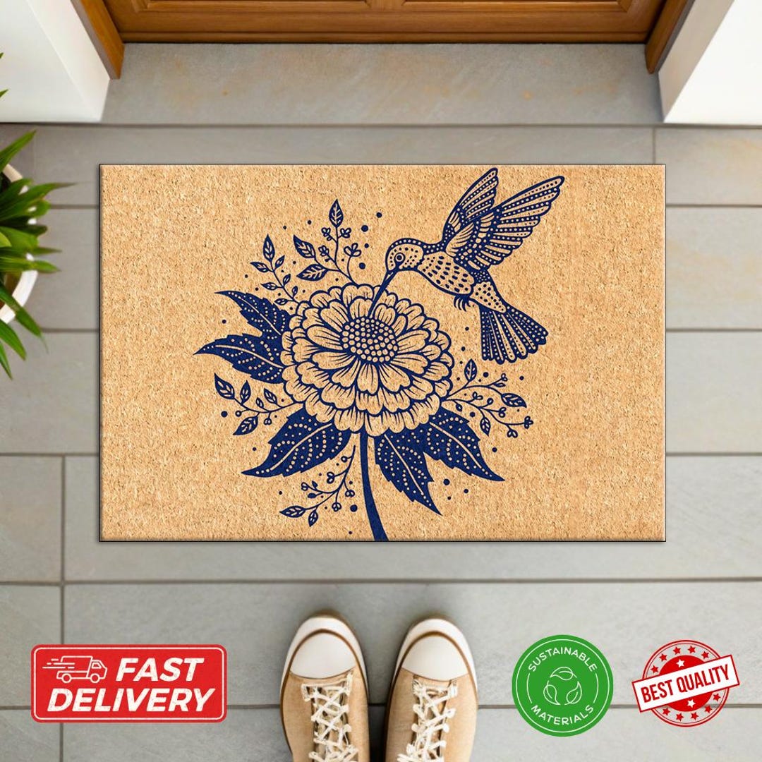 Hummingbird Welcome Mat Hummingbird Floral Doormat - Blue Bird Welcome Mat, Nature Art, Garden ...