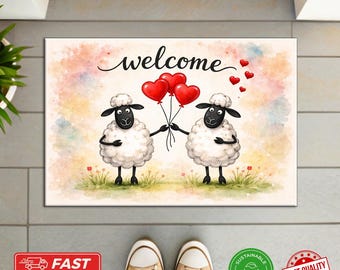 Cute Sheep Doormat - Farmhouse Welcome Mat, Heart Balloons, Whimsical Animal Decor, Housewarming Gift