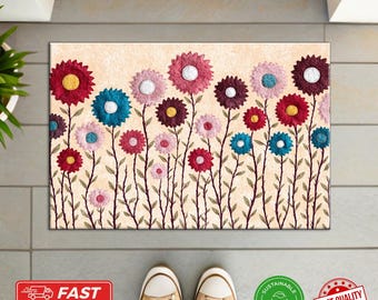 Felt Flowers Doormat - Whimsical Floral Welcome Mat, Handmade Garden Entrance Rug, Colorful Outdoor Decor