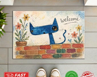 Zerbino con gatto blu - Simpatico zerbino di benvenuto con gattino, regalo artistico per amanti degli animali, decorazione stravagante per il giardino.