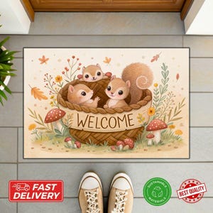 Cute Squirrel Welcome Doormat – Woodland Entryway Rug, Cottagecore Home Decor, Fall Porch Mat, Cottagecore Decor, Pet Gift-Housewarming Gift