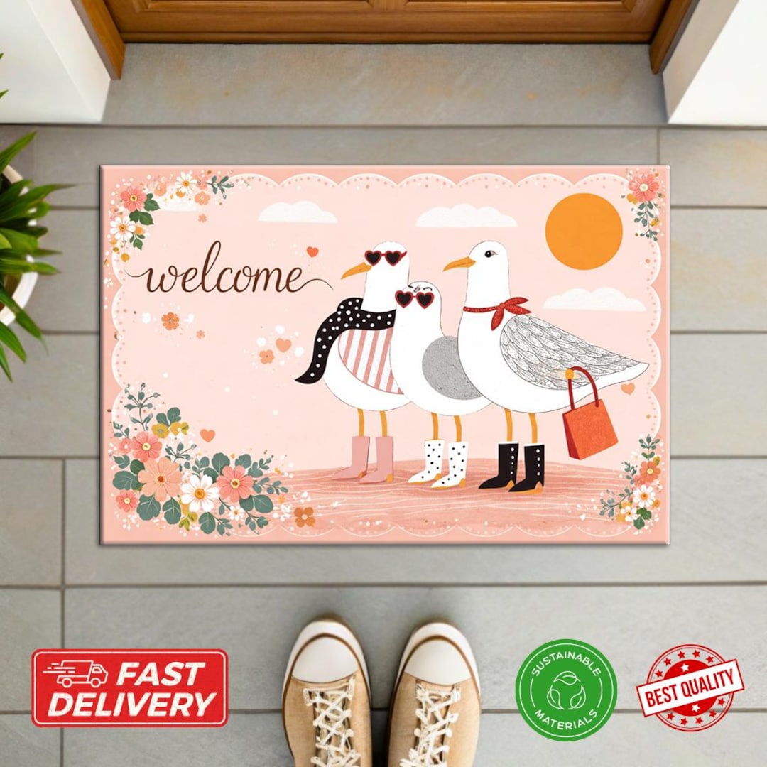 Seagull Doormat - Cute Beach Welcome Mat, Funny Bird Decor, Coastal ...