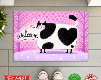 Cute Cat Doormat - Black and White Heart Spot Welcome Mat, Kawaii Pet Lover Gift, Whimsical Entryway Decor